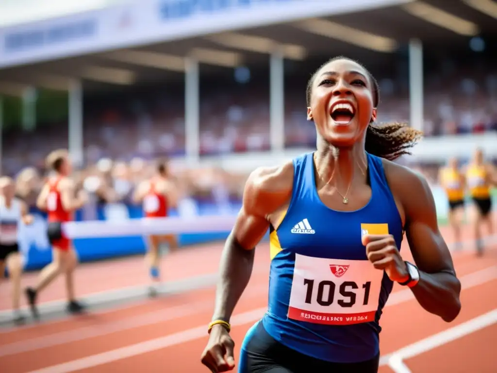 Triunfo transgénero en deporte: Atleta cruza meta con determinación y alegría, rodeado de espectadores y competidores