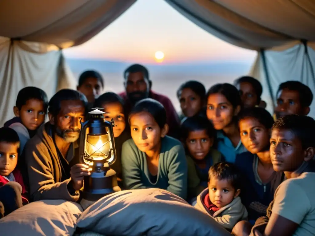 Unidas en la adversidad, familias desplazadas comparten historias bajo la luz de una linterna en un refugio improvisado