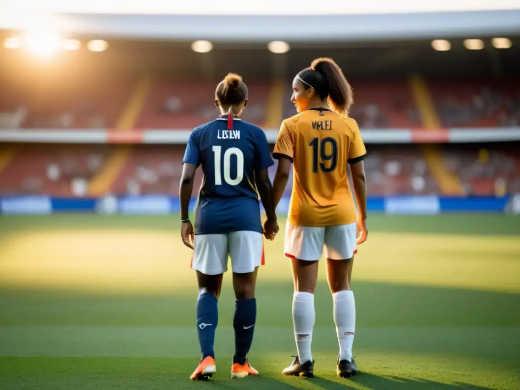 Unidas en el campo al atardecer, jugadoras de fútbol de distintos países, reflejan determinación y unidad