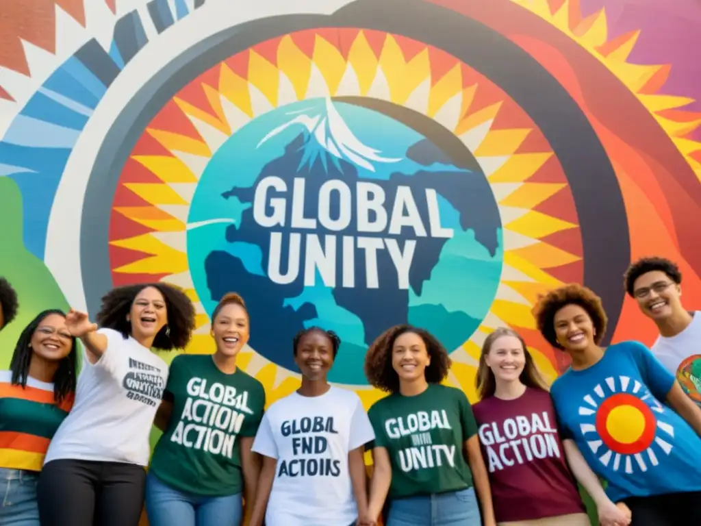 Unidos en activismo climático juvenil, diversidad cultural frente a mural impactante sobre problemas ambientales globales