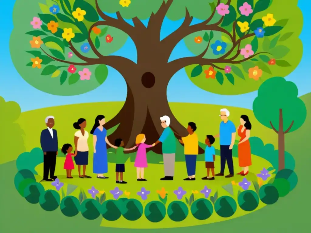 Armonía humana: unidos por la naturaleza Unidos en círculo alrededor del árbol, personas de todas las edades sonríen y aprecian la naturaleza