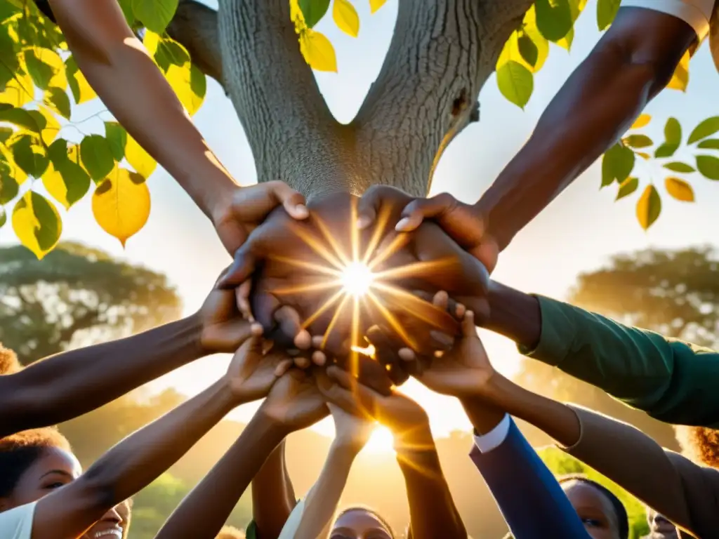 Unidos en círculo alrededor de un árbol próspero, expresando interconexión, derechos humanos y cuidado del medio ambiente