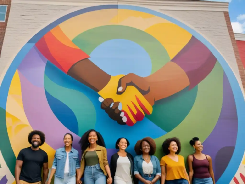 Unidos en círculo frente a mural de justicia social y activismo por los derechos humanos en la ciudad