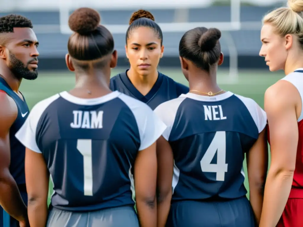 Unidos en el deporte contra discriminación racial: atletas diversos en huddle, determinados en sus uniformes de equipo