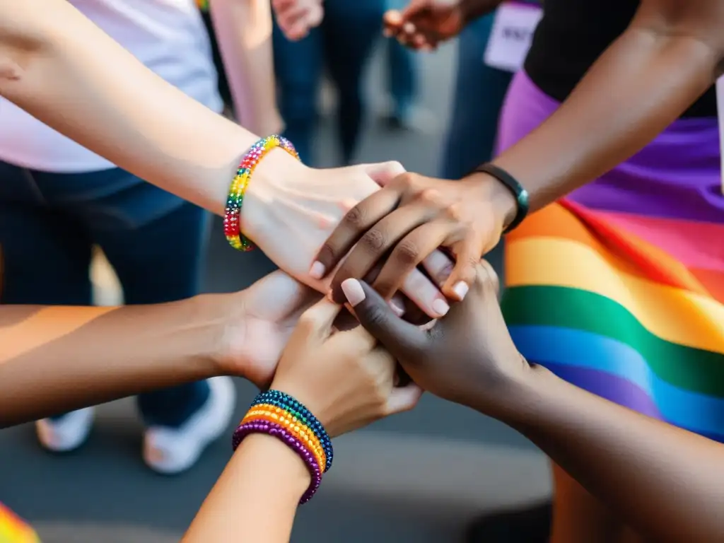 Unidos en diversidad: manos entrelazadas en el desfile del orgullo, reflejando la interseccionalidad de derechos humanos LGBTIQ+