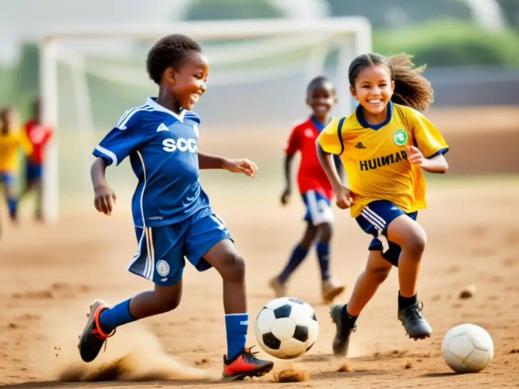 Unidos por el fútbol, niños de diferentes orígenes juegan juntos en un campo polvoriento bajo el sol brillante