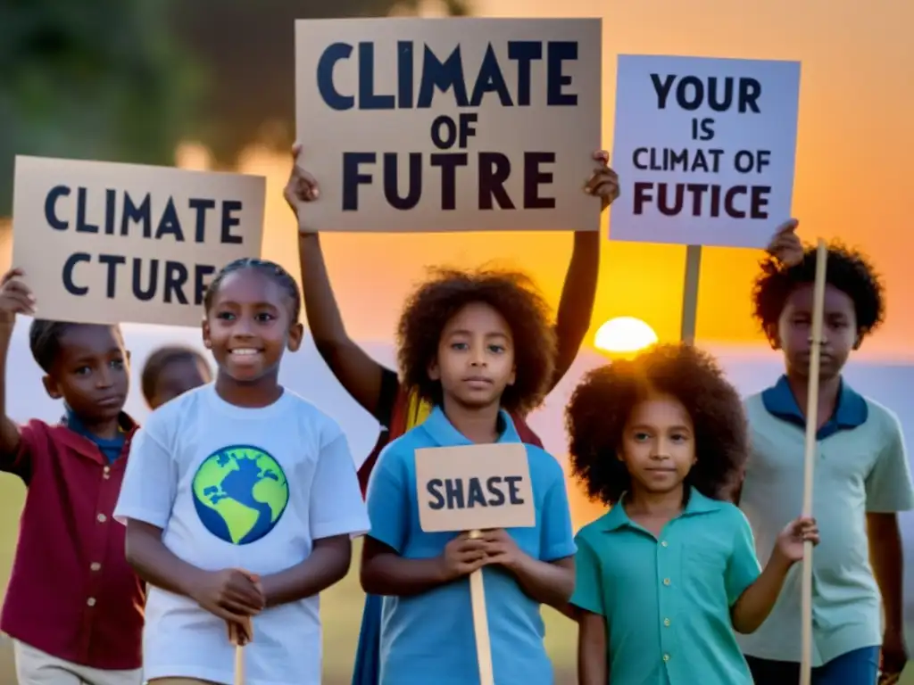 Unidos por el futuro del planeta, niños de diferentes culturas sostienen pancartas sobre cambio climático y justicia ambiental al atardecer