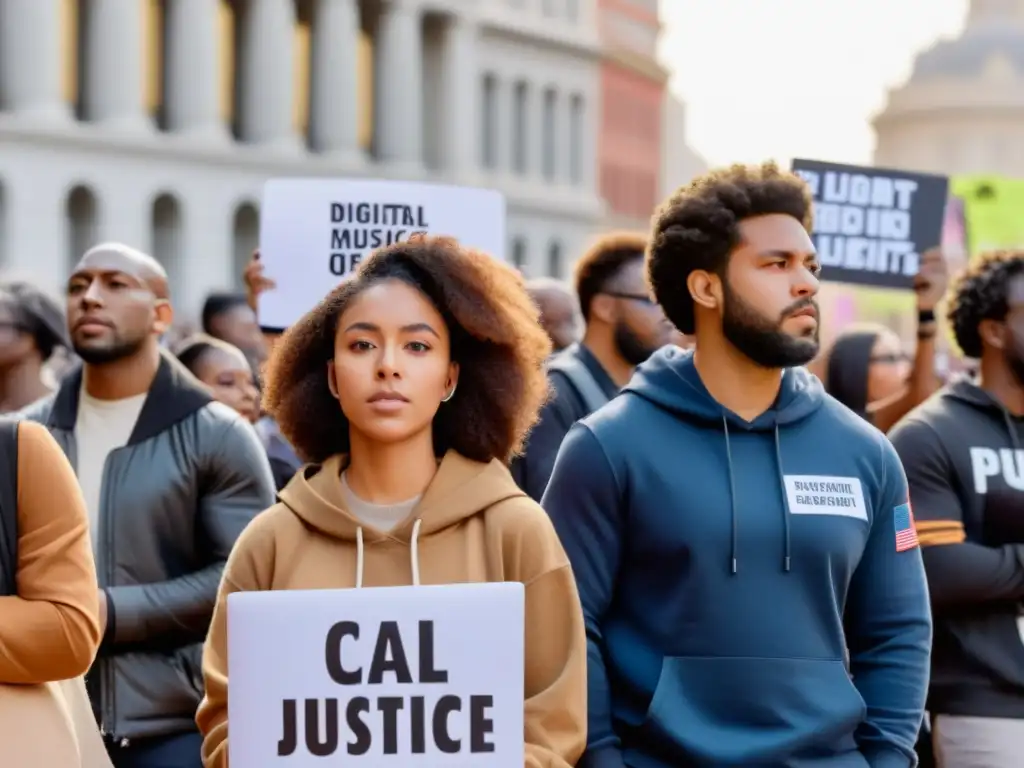 Unidos en la plaza, activistas digitales muestran mensajes de solidaridad y justicia en laptops y smartphones durante una protesta