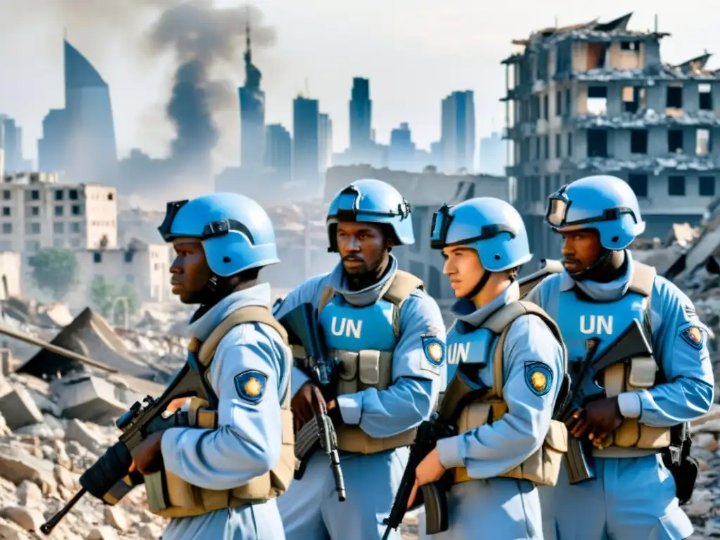 Soldados de la ONU en Zona de Guerra: Determinación y Resiliencia Valientes soldados de la ONU en línea, con cascos azules, mirando la ciudad devastada