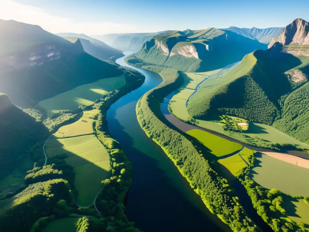 Valle verde con río sereno y represa hidroeléctrica, impactos humanos y ecológicos en la naturaleza montañosa