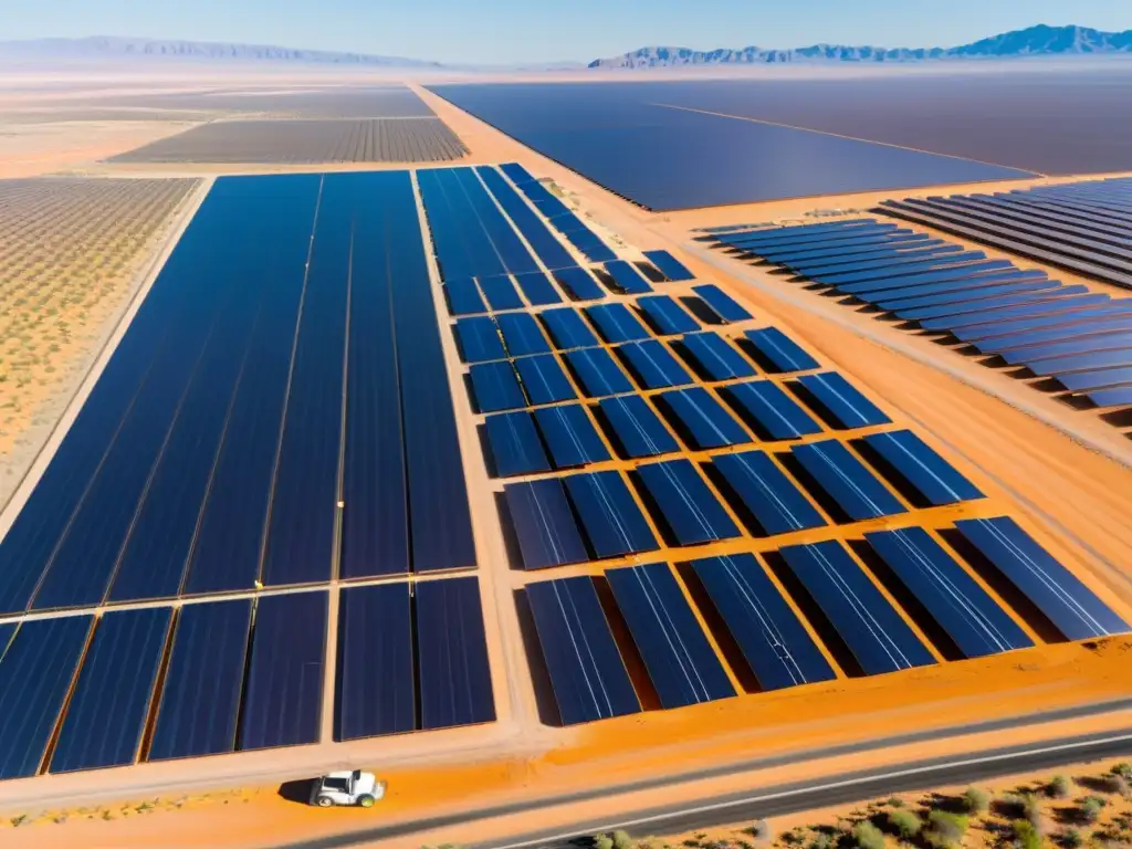 Un vasto campo de paneles solares en el desierto, ingenieros inspeccionando, comunidad alimentada por energía limpia