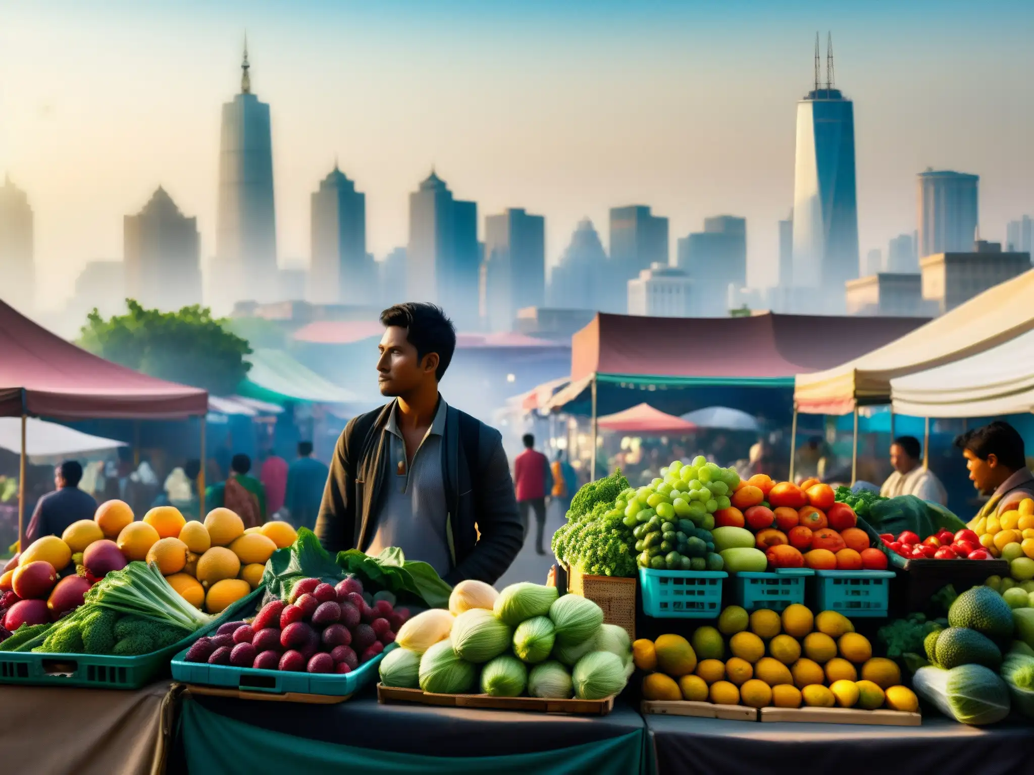 Vendedores en un bullicioso mercado callejero venden frutas y verduras coloridas bajo el sol ardiente, mientras la contaminación envuelve el horizonte de la ciudad, mostrando el impacto del cambio climático en la economía informal