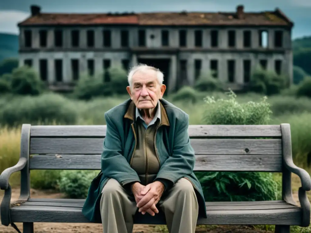 Veterano de guerra en banco desgastado, mirada perdida