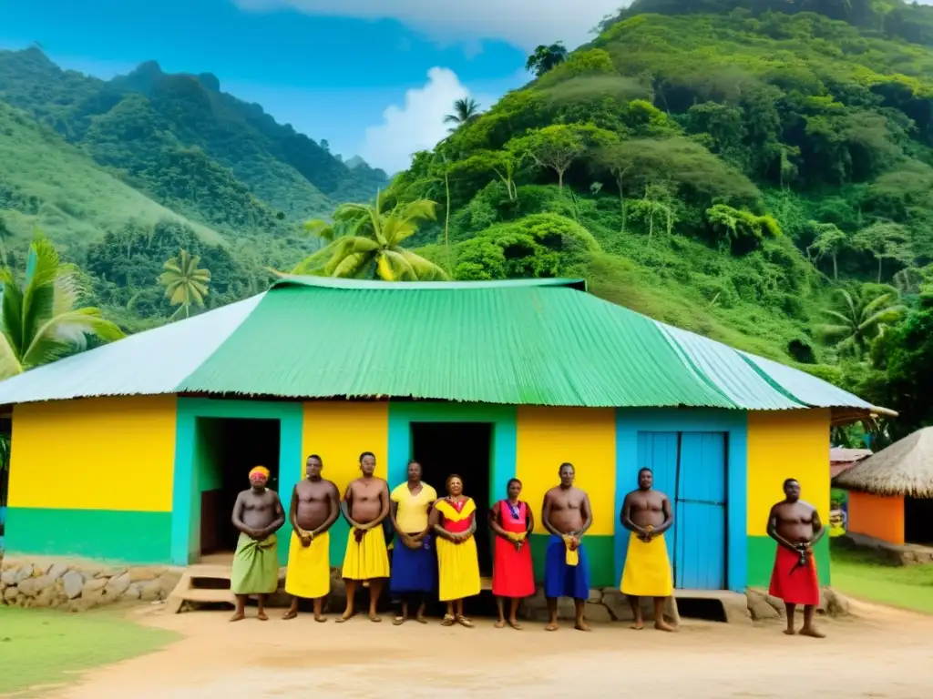 Vibrante aldea garífuna en Honduras, con casas coloridas y selva exuberante