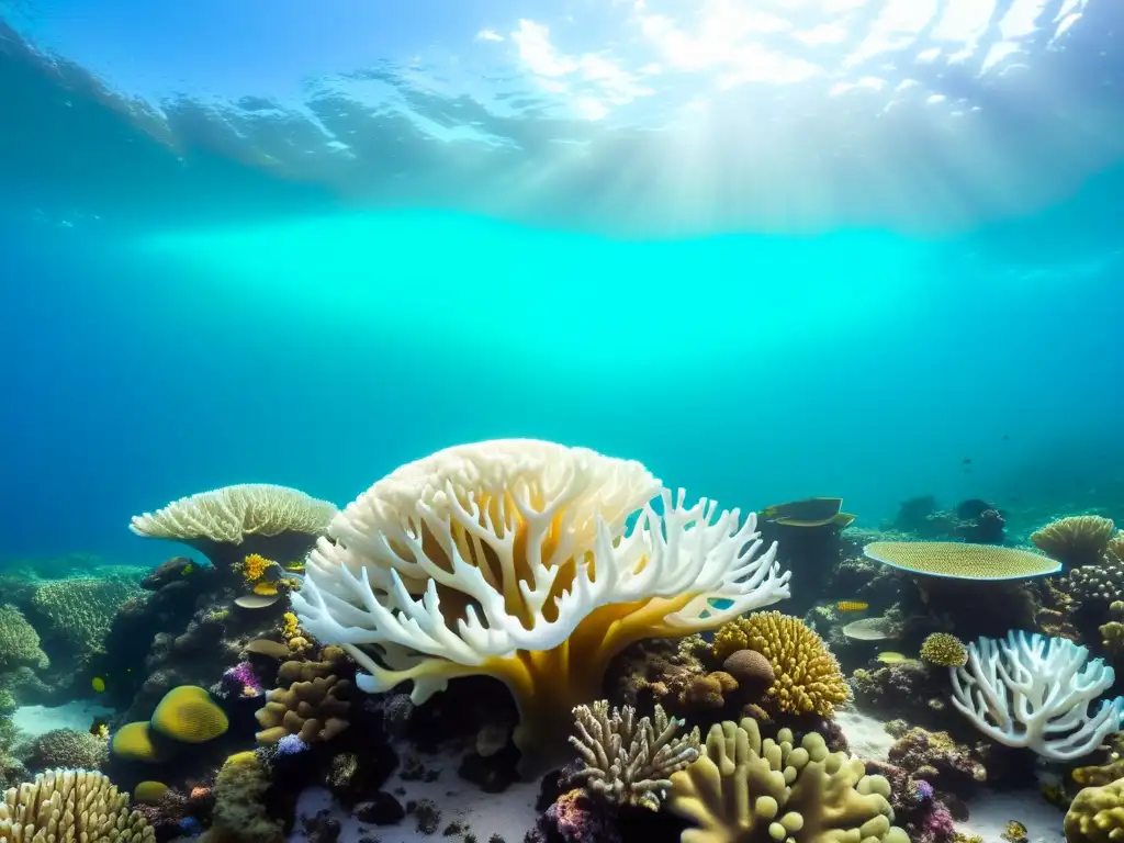 Vibrante arrecife de coral en proceso de blanqueamiento, destacando la amenaza de la acidificación oceánica