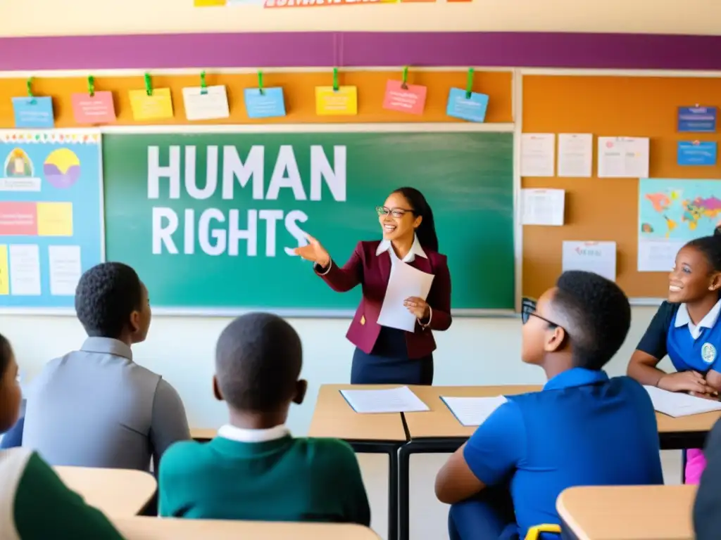 Vibrante aula con estudiantes diversos participando en la discusión sobre derechos humanos