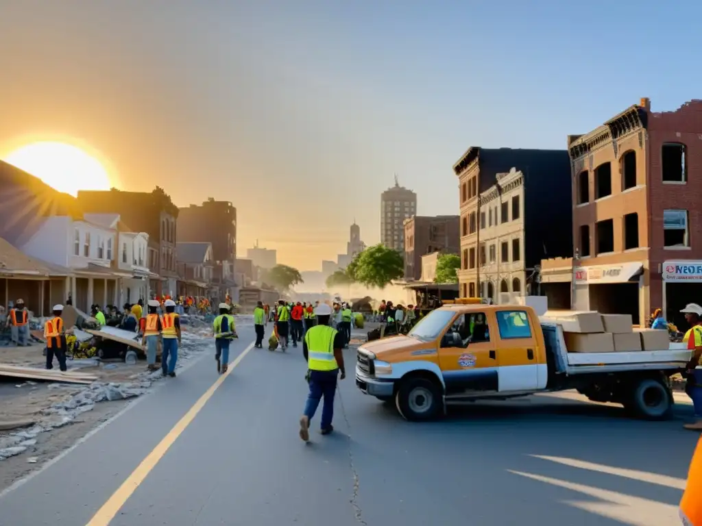 Vibrante calle de la ciudad donde la reconstrucción de comunidades post-guerra muestra la resiliencia y esperanza de un futuro mejor