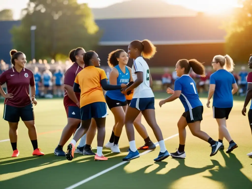 Un vibrante campo deportivo donde atletas diversos practican juntos, respaldándose y animándose