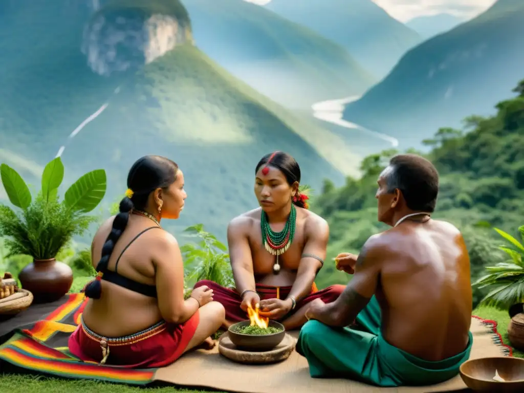 Una vibrante ceremonia de sanación con hierbas naturales, destacando los derechos a la salud de poblaciones indígenas en conexión con la naturaleza