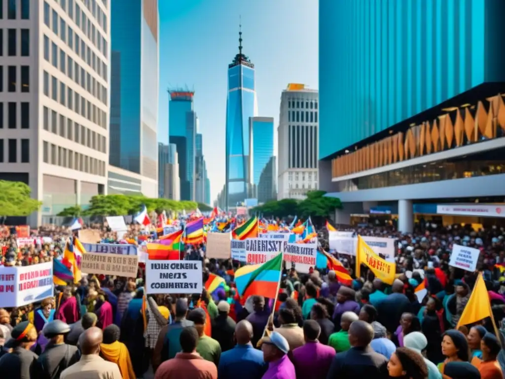 Manifestación vibrante en la ciudad con activistas diversos y coloridas pancartas, en apoyo al activismo digital derechos humanos globales