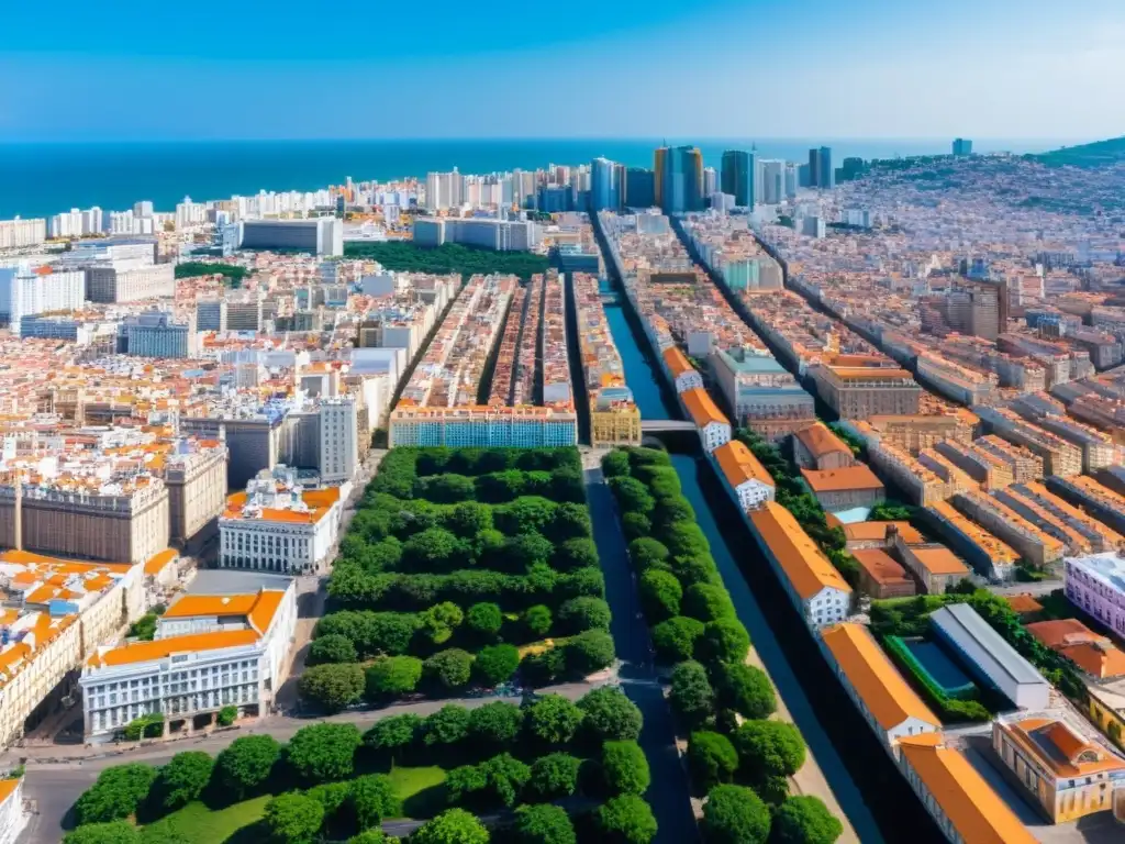 Vibrante ciudad con diversa arquitectura y bulliciosas calles, ilustrando el Derecho a la Ciudad en Clima Cambiante