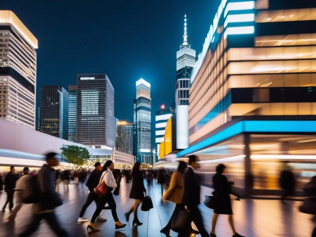 Vibrante ciudad nocturna, con rascacielos iluminados y calles llenas de vida, comunica la energía de las ciudades globales y derechos humanos