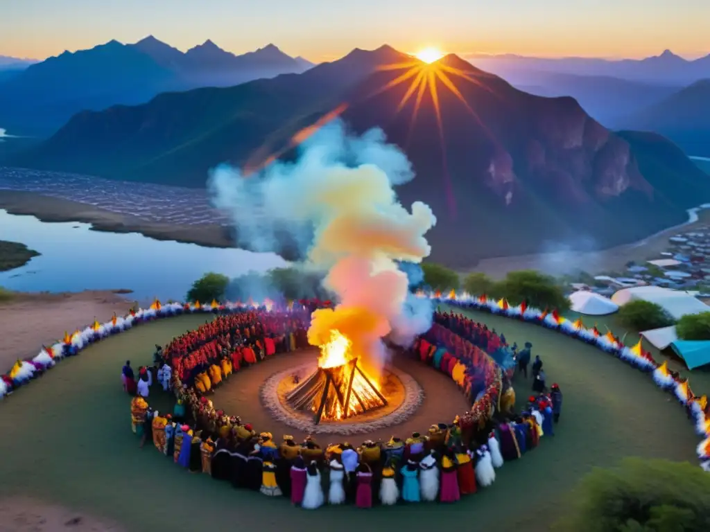 Vibrante comunidad indígena celebra alrededor de fogata con bailes ceremoniales al atardecer