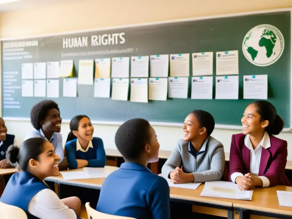 Vibrante discusión sobre educación en derechos humanos currículos escolares en aula iluminada con luz cálida