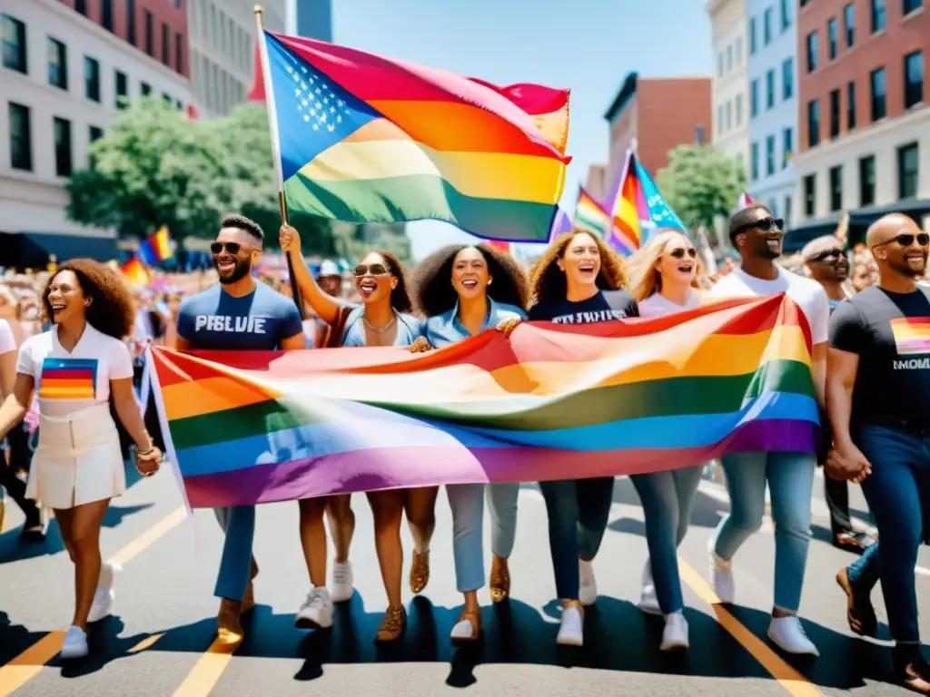 Un vibrante desfile de orgullo con personas diversas unidas, ondeando banderas coloridas