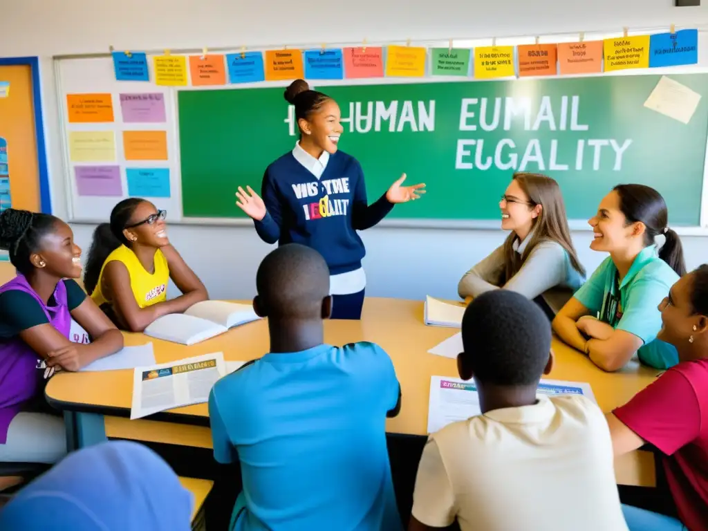 Vibrante discusión de estudiantes sobre derechos humanos y paz, promoviendo educación en derechos humanos y cultura de paz