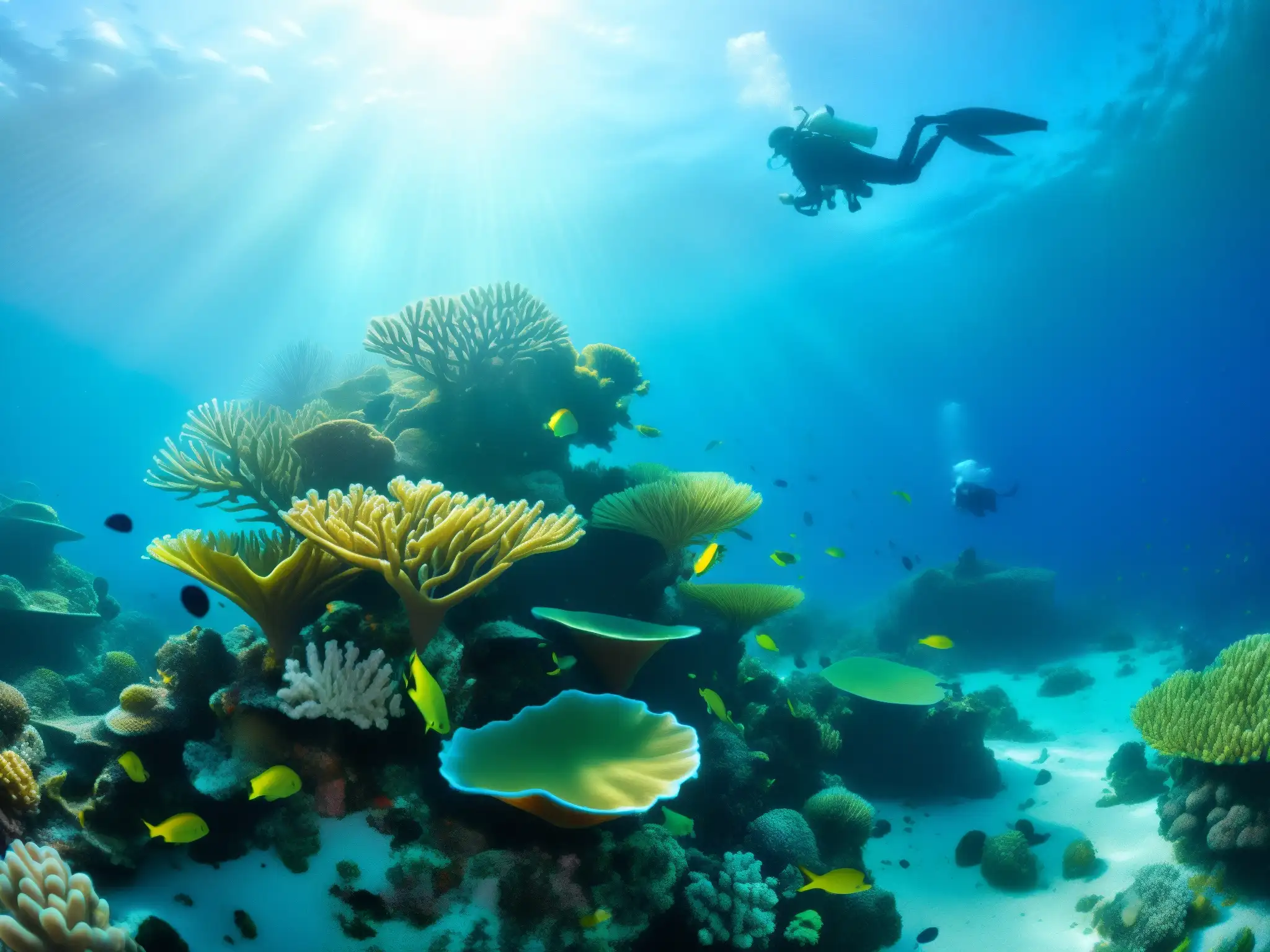 Un vibrante ecosistema marino con peces coloridos, corales e investigadores en equipo