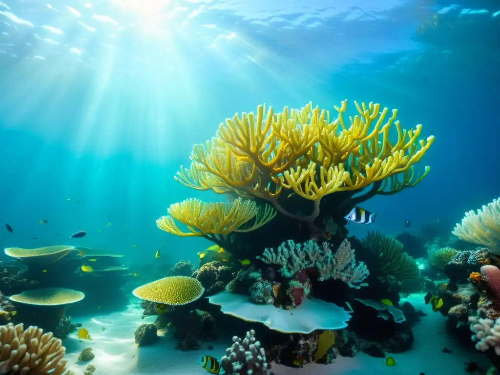 Un vibrante ecosistema marino con peces coloridos, corales e plantas marinas, iluminado por rayos de sol