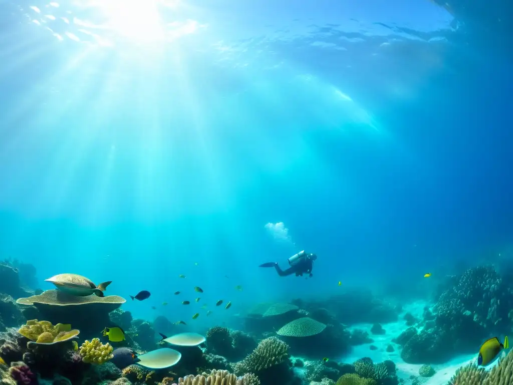 Vibrante ecosistema marino con peces coloridos y tortugas en arrecife de coral