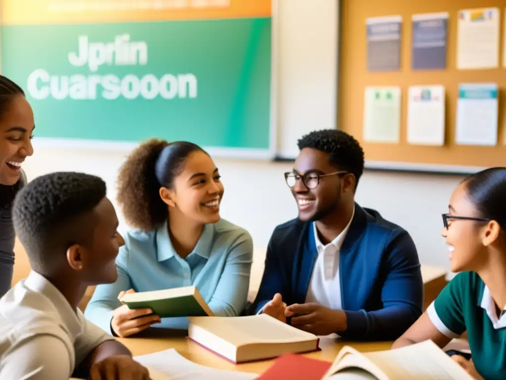 Vibrante discusión educativa entre estudiantes diversos, promoviendo la libertad de pensamiento y los derechos humanos en la educación