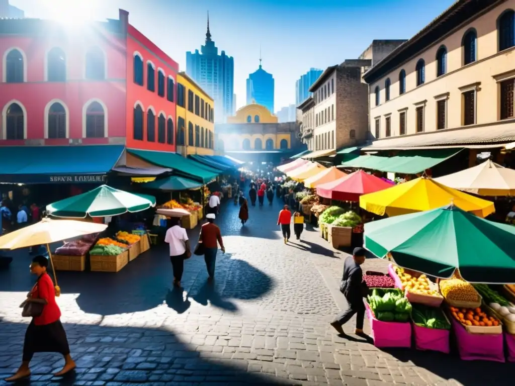 Vibrante escena urbana con diversidad en un bullicioso mercado, reflejando la vida urbana y la diversidad