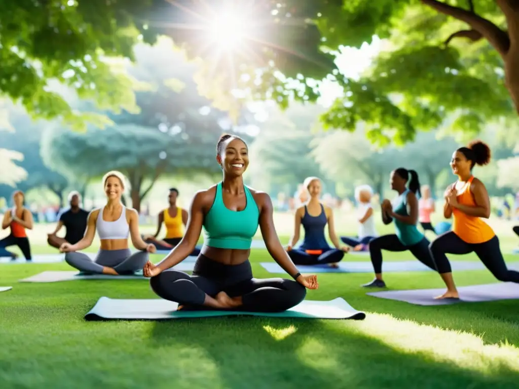 Un vibrante grupo disfrutando de actividades al aire libre en un parque, mostrando la importancia de la salud física y el bienestar mental