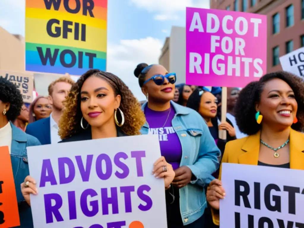Un vibrante grupo diverso sostiene pancartas por los derechos humanos LGTBIQ+ en una marcha llena de energía y solidaridad