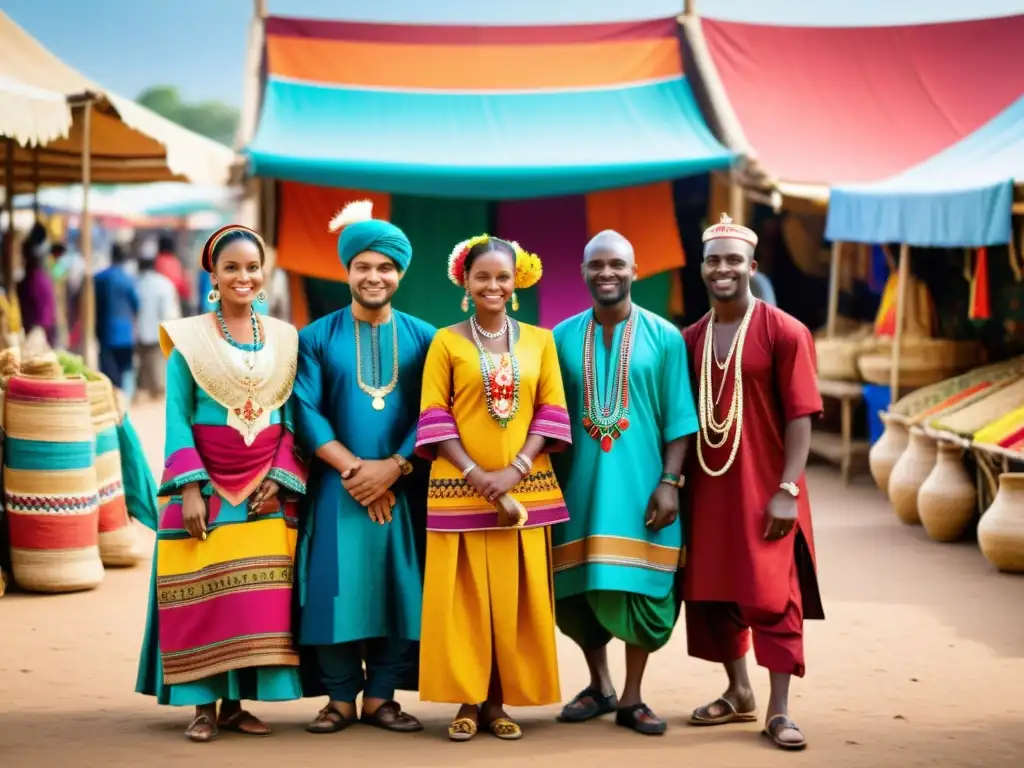 Vibrante imagen de personas en indumentaria tradicional como expresión cultural, en un bullicioso mercado que refleja la identidad comunitaria