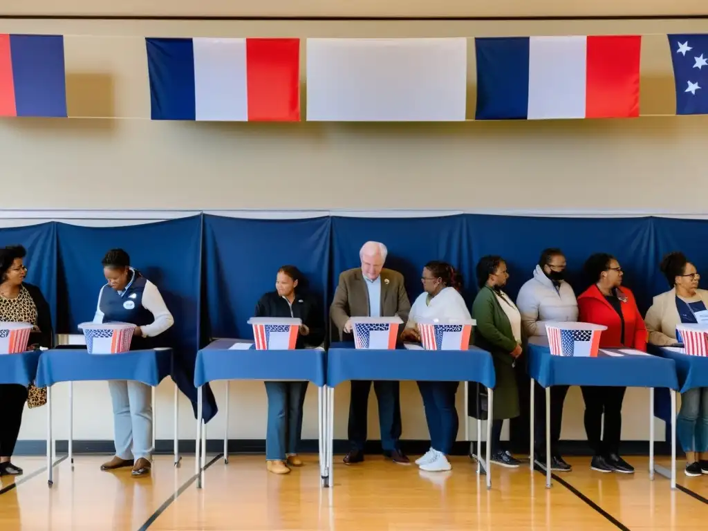 Vibrante jornada electoral con votantes de todas las edades y orígenes, reflejando la integridad democrática en procesos electorales