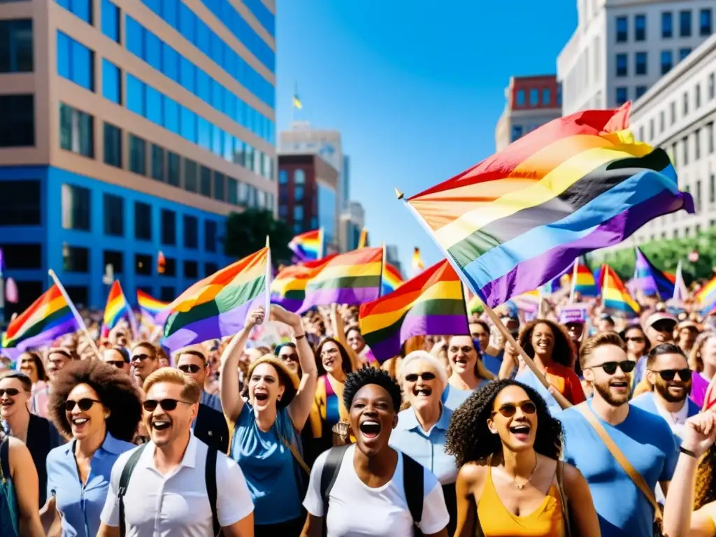 Manifestación vibrante en la marcha del orgullo, con banderas coloridas y pancartas por los derechos humanos globales cine queer