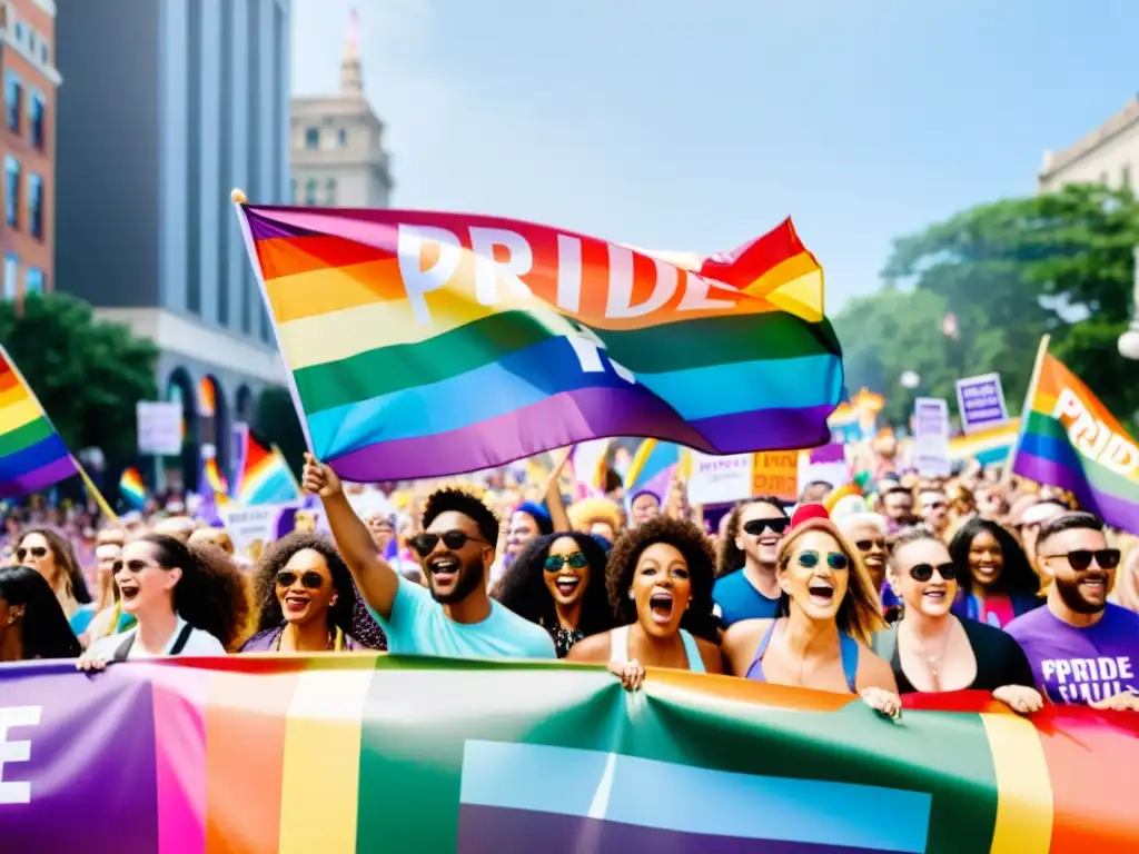 Una vibrante marcha del orgullo con personas diversas portando pancartas coloridas y banderas con lemas poderosos a favor de los derechos LGBTQ+