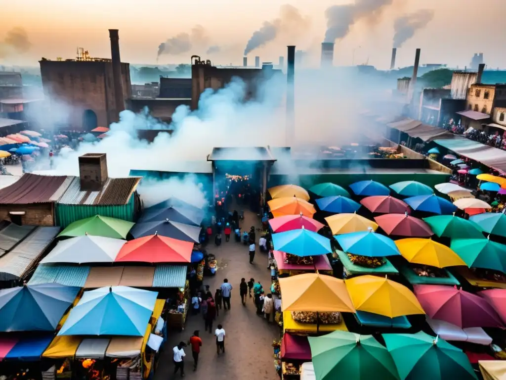 Vibrante mercado informal bajo humo de chimeneas, impacto cambio climático economía informal