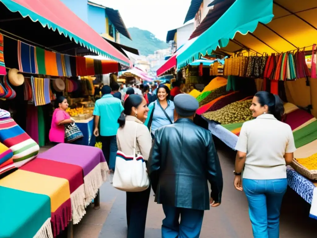 Vibrante mercado en América Latina con intercambio cultural y actividad económica, reflejando la protección de los derechos económicos en América