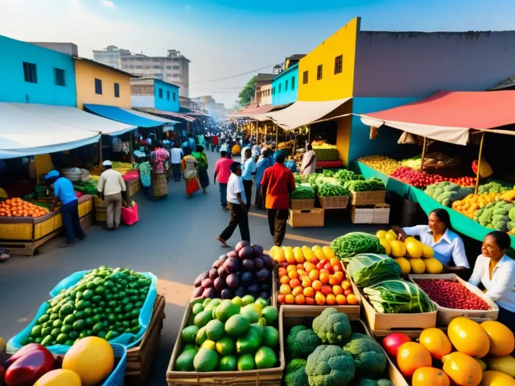 Un vibrante mercado en un país en desarrollo, con vendedores ofreciendo frutas y verduras coloridas mientras los lugareños interactúan en animadas conversaciones y transacciones