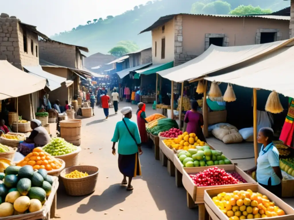 Vibrante mercado postconflicto, con comerciantes y productos coloridos, reflejando la recuperación económica y la determinación de la comunidad