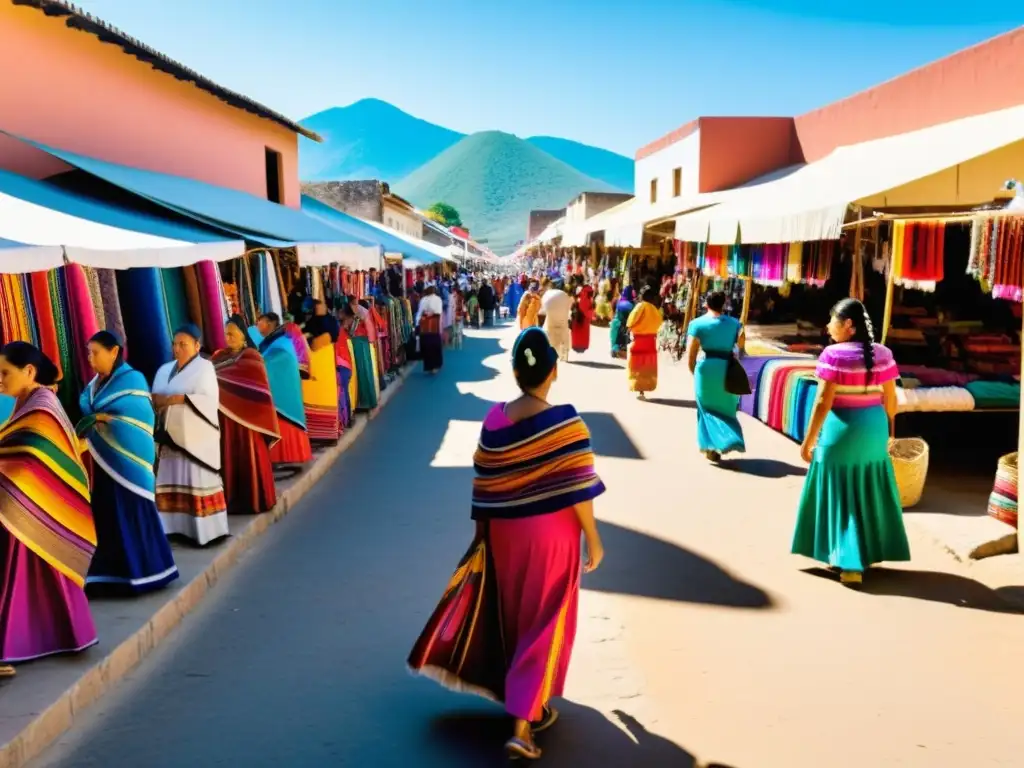 Vibrante mercado textil en Oaxaca, mujeres con vestidos y chales bordados