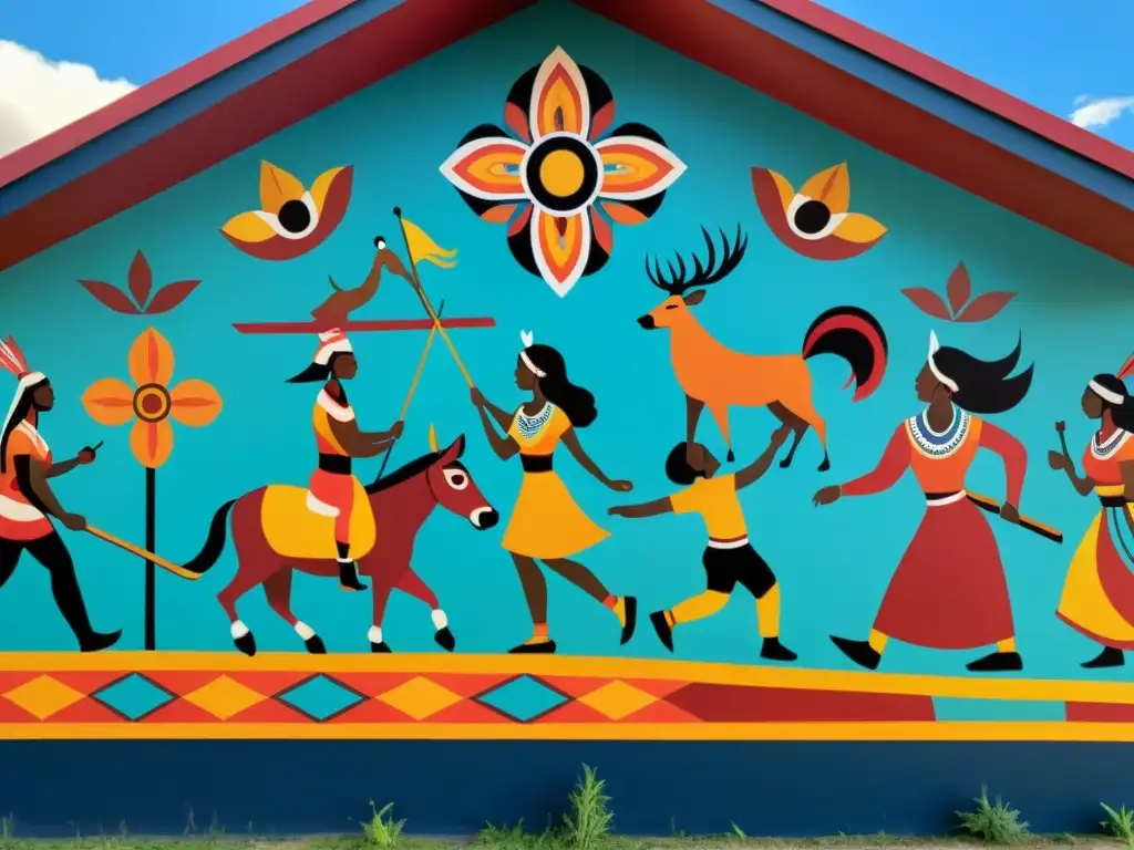 Vibrante mural de arte indígena como forma de resistencia, reflejando la vida diaria y tradiciones culturales en colores ricos y detalles intrincados