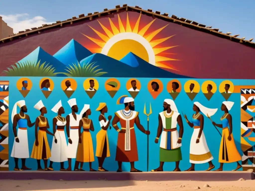 Un vibrante mural nubio detallado en 8k, con hombres y mujeres vestidos en atuendos tradicionales, admirando su historia y cultura en Egipto