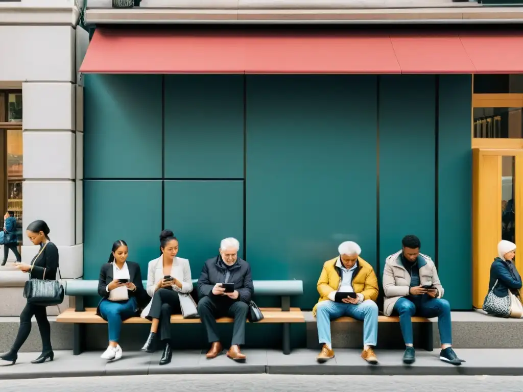 Vida urbana: personas en la calle y en bancos usando smartphones, reflejando retos y oportunidades del teletrabajo y la brecha digital