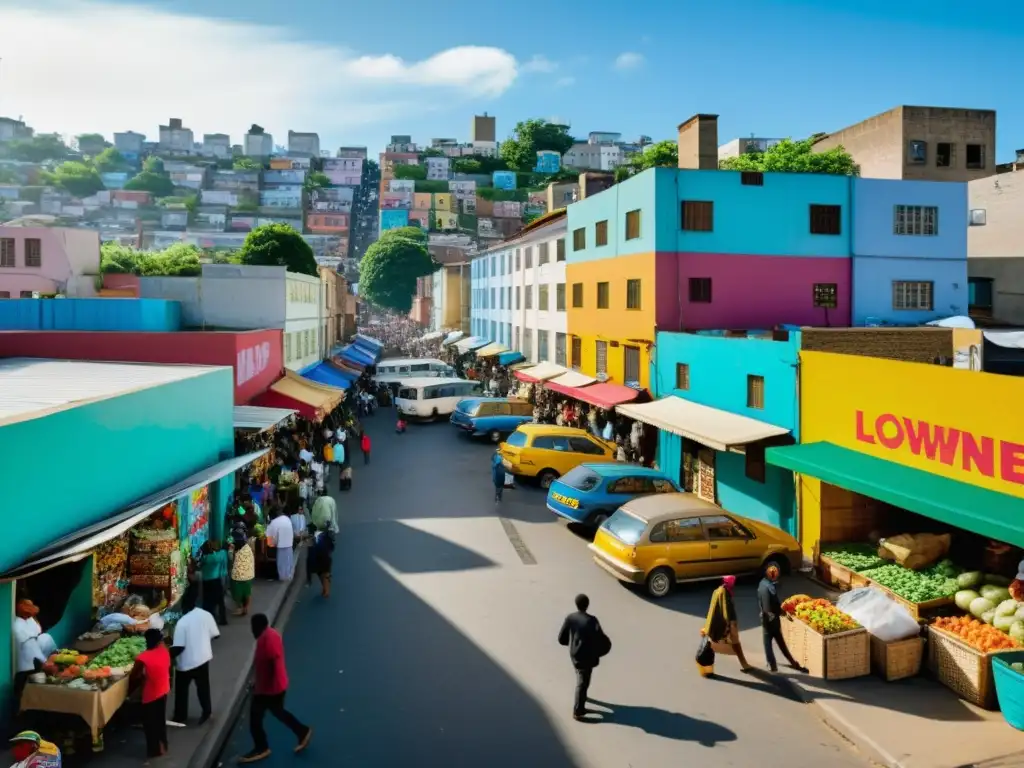 Vida urbana vibrante en barrio de bajos ingresos, reflejando diversidad y creatividad